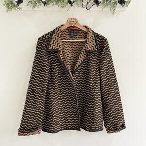 Nina Mclemore Black And Brown 100% Cotton Chevron Collared Open Jacket Size 14
